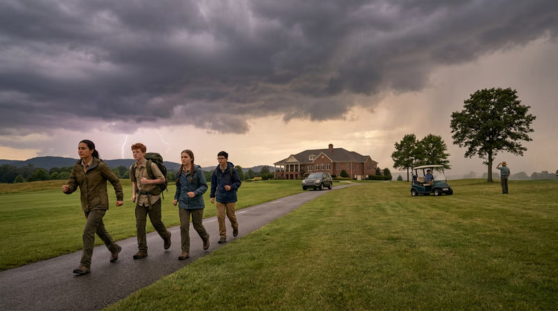 Comparison showing golfers moving to a substantial building or fully enclosed vehicle while unsafe lightning shelter choices like an isolated tree and open cart are crossed out
