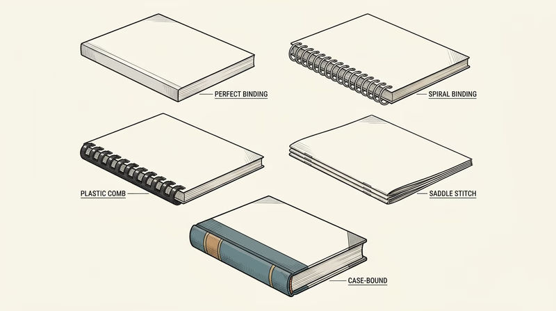 Comparison grid showing perfect, spiral, plastic comb, saddle stitch, and case binding with visible spine or fold construction