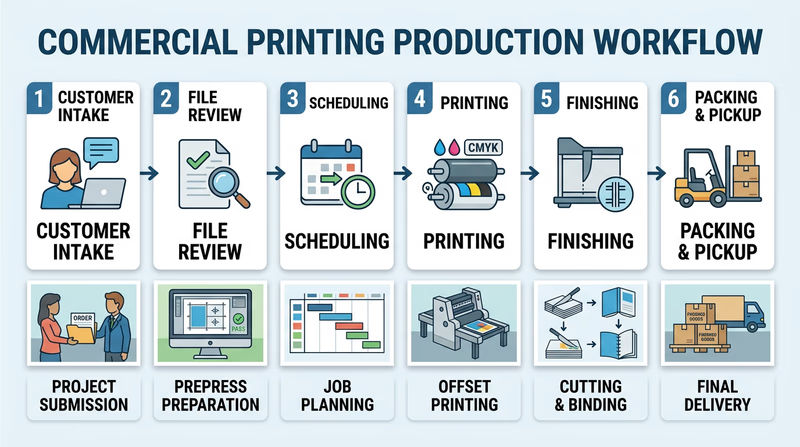Workflow board showing a commercial print job moving from customer intake through file review, printing, finishing, and delivery