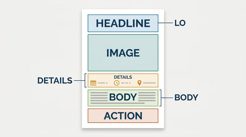 Flyer wireframe showing headline, image, details, body text, and call to action arranged with strong visual hierarchy and white space