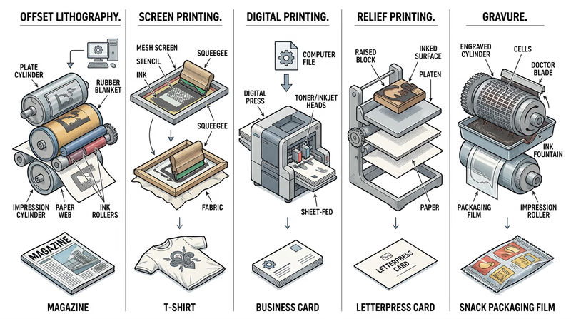 Side-by-side chart showing offset lithography, screen printing, digital printing, relief printing, and gravure with simple process visuals and example products