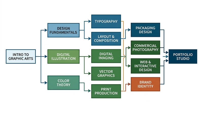 Course pathway chart showing beginner classes feeding into intermediate graphic arts courses and advanced specialties