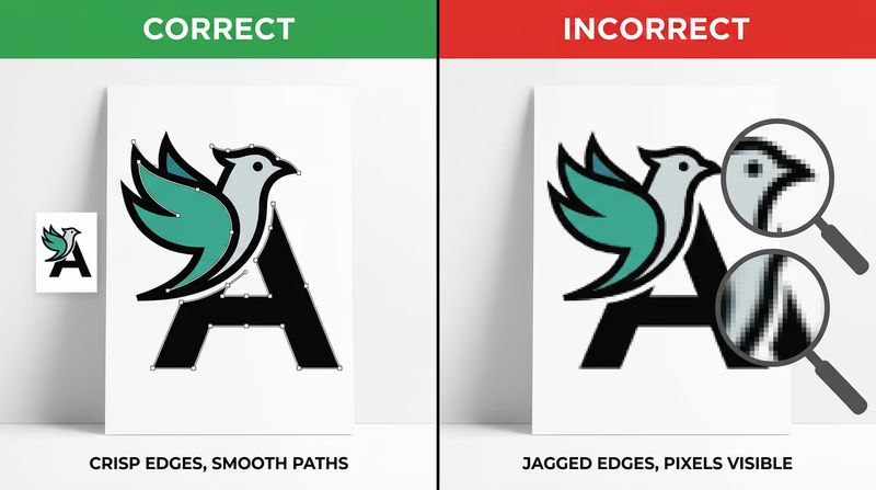 Side-by-side comparison showing a vector logo staying crisp when enlarged and a raster image becoming visibly pixelated