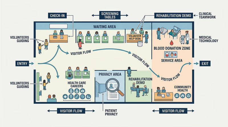 Bird's-eye diagram of a community health fair with labeled stations for check-in, waiting area, screening tables, privacy area, volunteer help desk, and exit, showing how visitor flow and teamwork keep the event organized