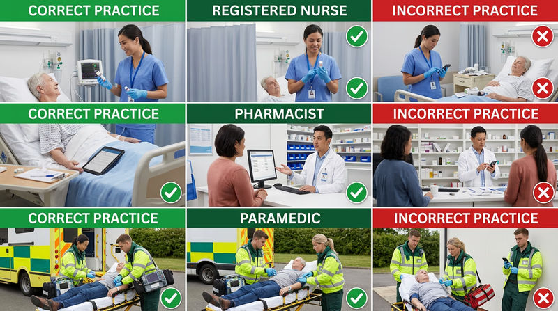 Three-panel comparison showing a registered nurse checking a hospital patient, a pharmacist counseling at a pharmacy counter, and a paramedic treating a patient beside an ambulance, highlighting how Group 2 roles work in very different care settings