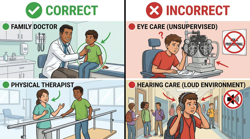 Four-panel comparison showing a family doctor listening to a patient, an optometrist using an eye exam device, an audiologist performing a hearing test, and a physical therapist helping a patient walk, illustrating how different specialists solve different health problems