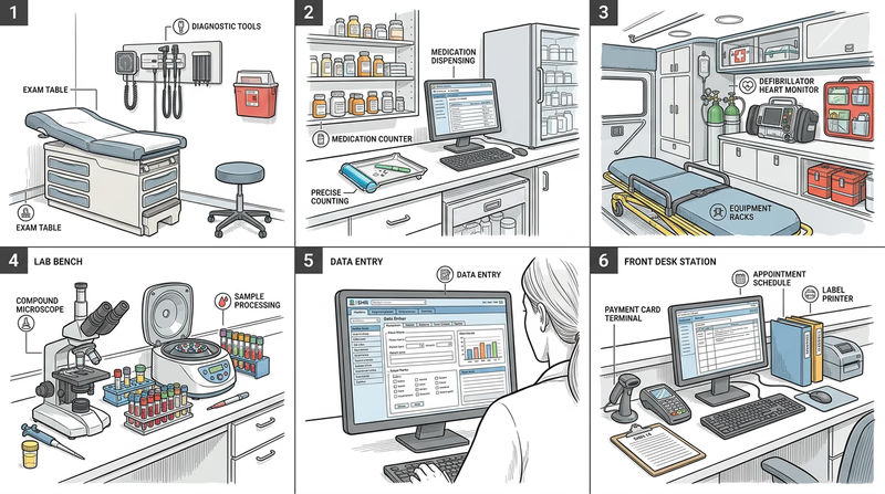 Six-panel observation grid showing a clinic exam room, pharmacy counter, ambulance equipment area, lab bench, electronic health record screen viewed over a shoulder, and front desk check-in station, helping Scouts notice the tools and work zones during a workplace visit