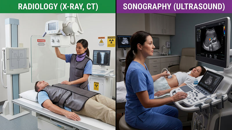 Side-by-side comparison of an X-ray room with protective shielding and a sonographer using an ultrasound probe on a patient, showing how the equipment and exam setup differ between radiology and ultrasound