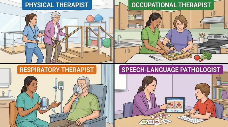 Four-panel comparison showing a patient practicing stairs with a physical therapist, using adaptive kitchen tools with an occupational therapist, receiving breathing treatment from a respiratory therapist, and doing speech or swallowing exercises with a speech-language pathologist