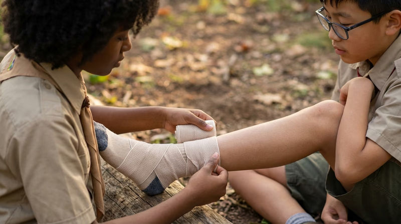 Close-up of a properly wrapped ankle with an elastic bandage demonstrating the compression step of RICE