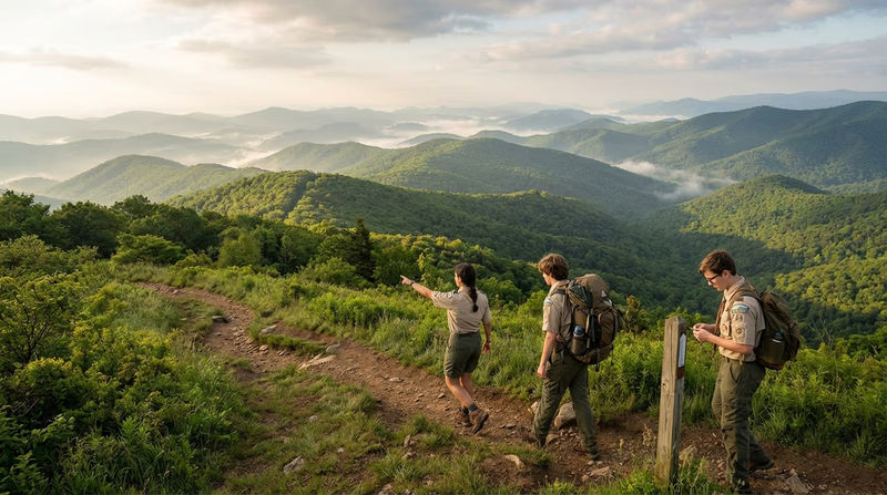 A panoramic view of the Appalachian Trail winding through misty green mountains in the Blue Ridge