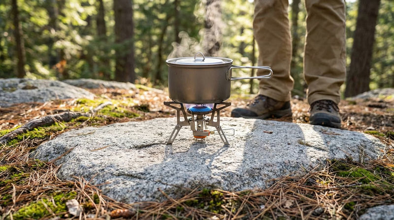 A compact backpacking stove heating water on a flat rock with no fire ring or scorched ground
