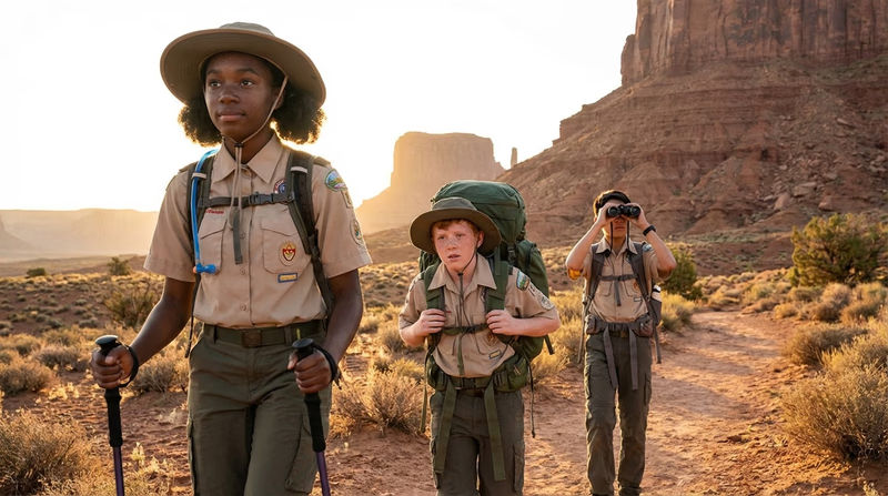 Scouts hiking along a desert trail at sunrise with red rock mesas in the background
