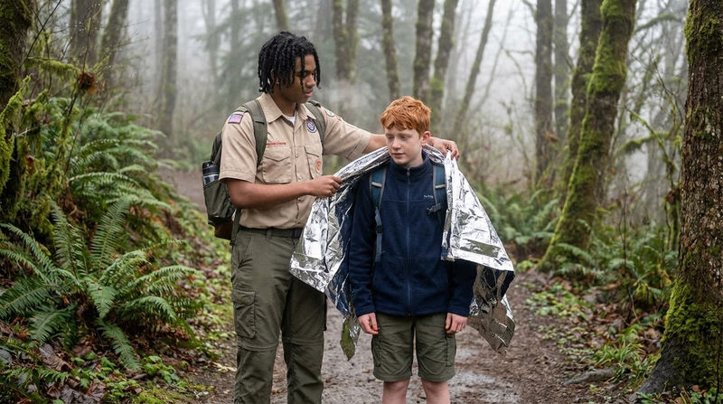 A Scout wrapped in an emergency blanket being helped by a buddy on a cold misty trail