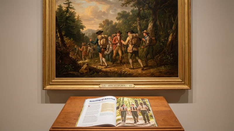 Early American explorers walking through rugged wilderness with heavy packs