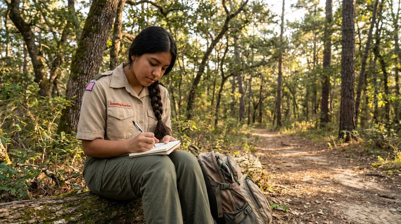 A Scout sitting on a log writing in a small notebook with a forest trail in the background
