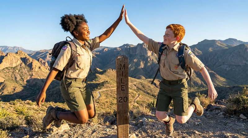 Two Scouts high-fiving at a trail marker with a mountain vista in the background