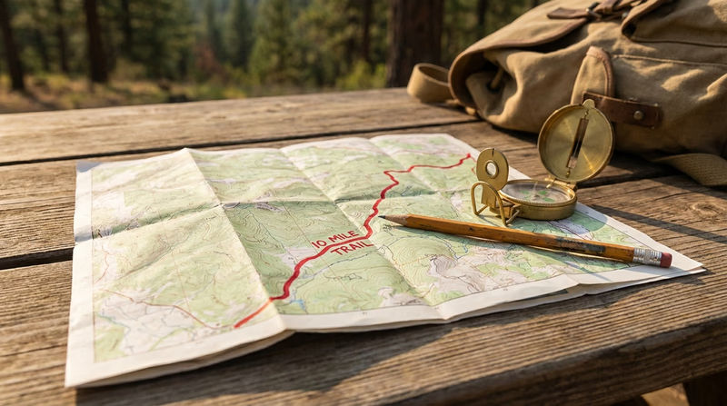 A topographic map spread on a table with a highlighted 10-mile route, compass, and pencil beside it