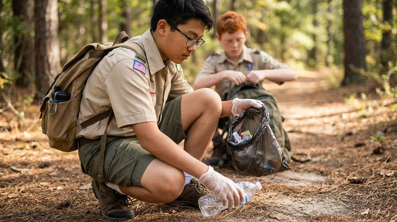 A Scout picking up trail litter and placing it in a small trash bag attached to their pack