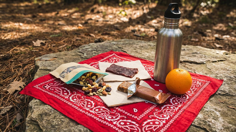 A trail lunch spread on a bandana with trail mix, jerky, an energy bar, a water bottle, and an orange on a flat rock