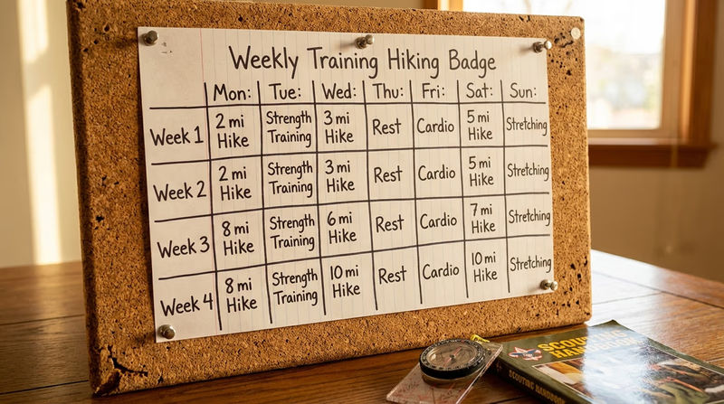 A weekly training calendar pinned to a bulletin board with hiking distances and cross-training activities