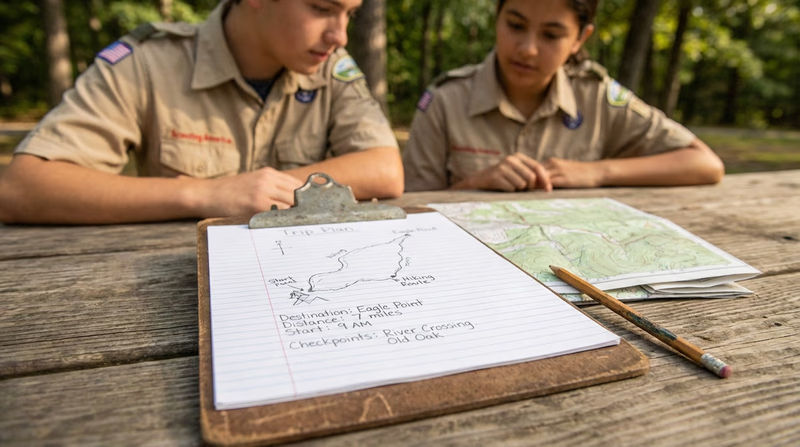A handwritten trip plan on a clipboard with a map and pencil beside it on a picnic table