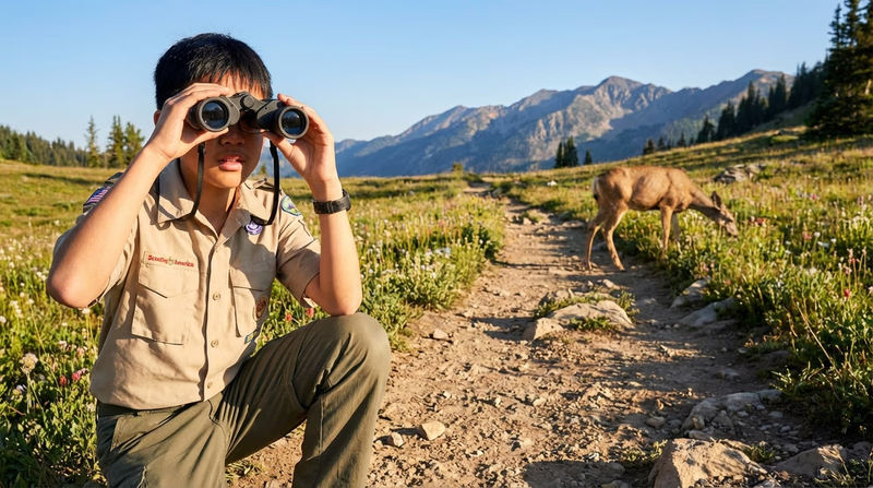 A Scout observing a deer through binoculars from a safe distance on a mountain meadow trail