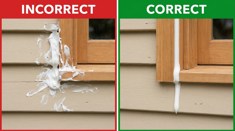 Messy oversized exterior caulk bead compared with a neat bead that follows the joint cleanly