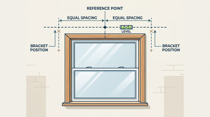 Window diagram showing equal bracket spacing and a level rod line from matching reference points
