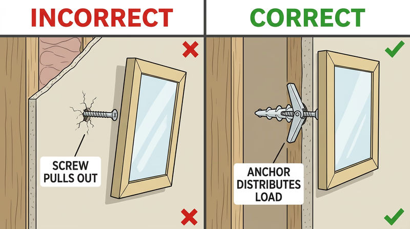 Cutaway wall showing a screw pulling out of bare drywall compared with an anchor spreading the load behind the wall