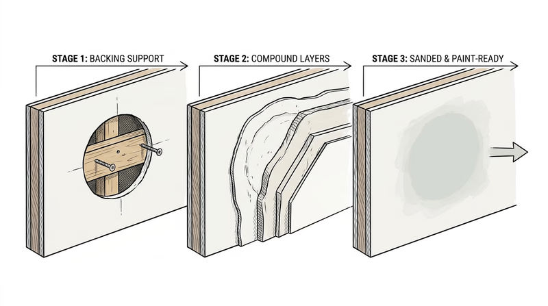 Three-stage drywall repair showing backing, layered patch compound, and a smooth finished surface