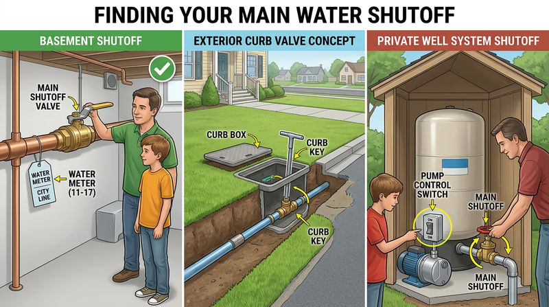 Visual comparison of common main water shutoff setups for municipal water, curb shutoff access, and private well systems