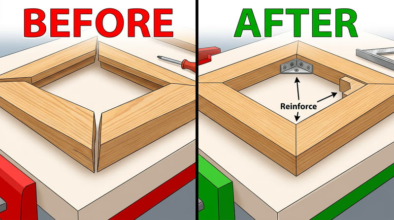 Failing picture-frame corner compared with a neatly reinforced square corner