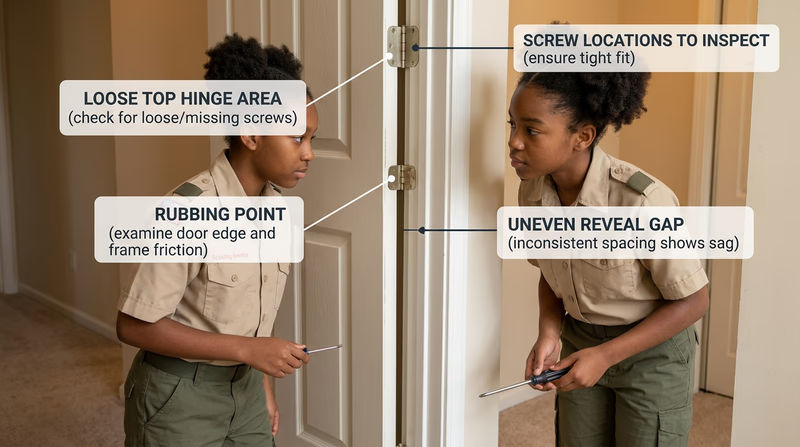 Sagging door with callouts showing loose hinge area, rubbing point, and uneven frame gap