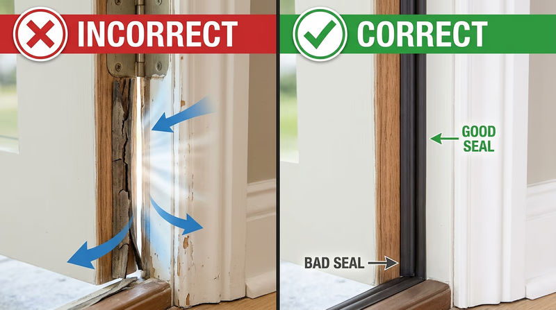 Failed weatherstripping with visible gap compared to a properly compressed new seal around a door