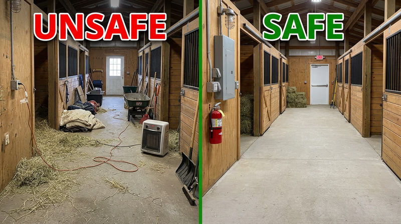 Split comparison of an unsafe barn aisle with fire hazards and a properly organized safe barn aisle