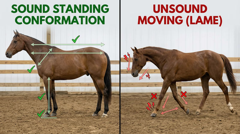 Split comparison of a balanced horse standing square for conformation and a horse moving unevenly to show lameness