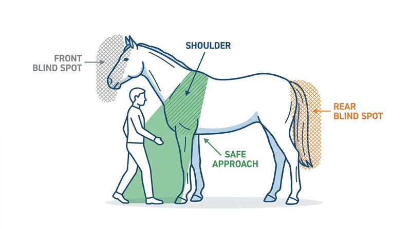 Side-view horse diagram showing the safe approach zone at the shoulder and the blind spots directly in front and behind the horse
