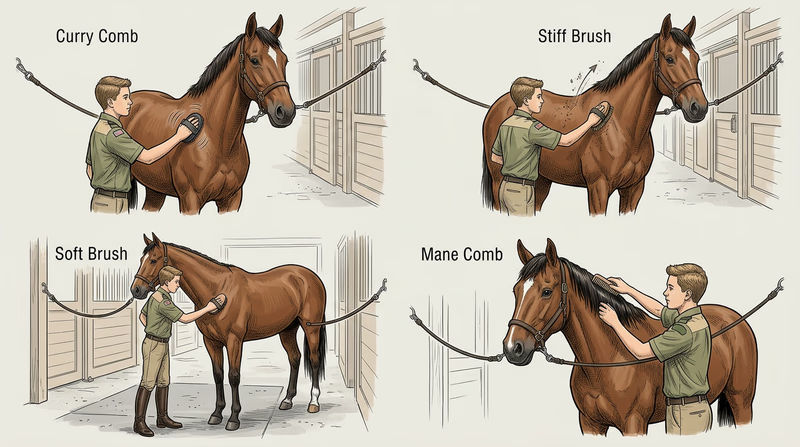 Four-panel grooming sequence showing curry comb, stiff brush, soft brush, and mane comb use on the same horse