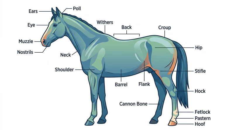 Labeled horse anatomy diagram showing major external body parts such as muzzle, withers, shoulder, flank, hock, fetlock, and hoof