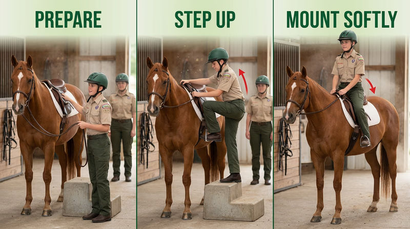Three-panel sequence showing preparation at the mounting block, stepping into the stirrup, and mounting softly into the saddle