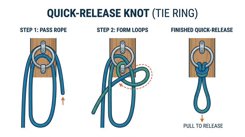 Step-by-step rope diagram showing how to tie a horse with a quick-release knot to a solid ring