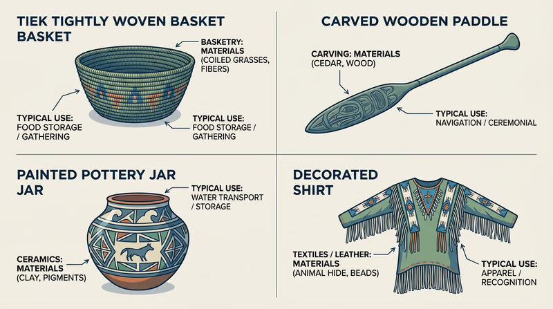 Study grid showing four Indigenous artifacts with visible differences in shape, material, and use.