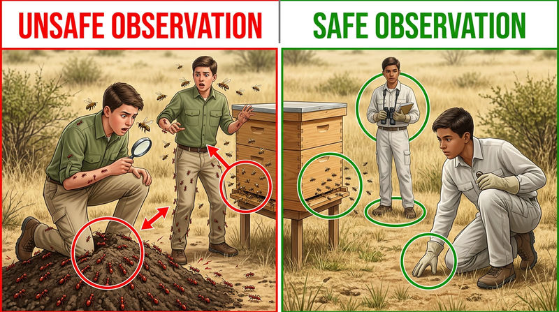 Comparison showing unsafe versus safe field behavior around ants and bees, including kneeling in an ant mound versus scanning the ground first and standing in a hive flight path versus observing from the side