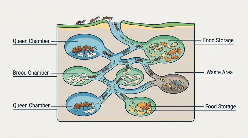 Cutaway diagram of a formicarium with labeled brood chamber, food storage area, queen chamber, connecting tunnels, and waste area, plus visible queen and worker ants