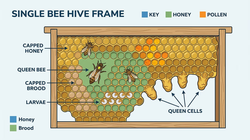 Illustrated hive frame showing the queen, worker brood area, enlarged queen cells, and capped honey sections with simple labels so readers can see how beekeepers read one frame at a glance