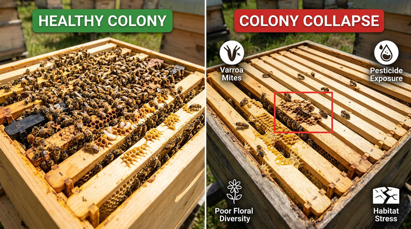 Comparison showing a healthy hive with workers, brood, and food stores beside a colony collapse scenario with queen and brood left behind but most workers missing