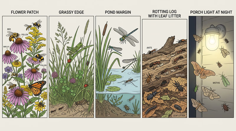 Identification grid showing five microhabitats side by side: flowers, grassy edge, pond margin, rotting log, and porch light at night, with representative insects in each setting