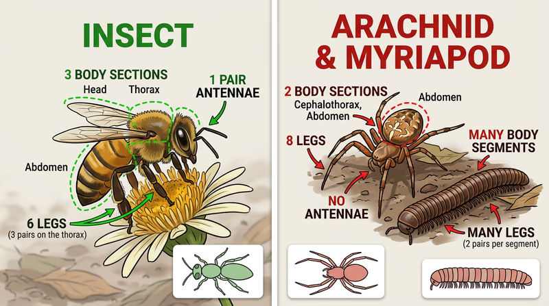 Side-by-side identification grid comparing an insect, a spider, and a millipede with clear visual emphasis on leg count, body sections, antennae, and segment pattern