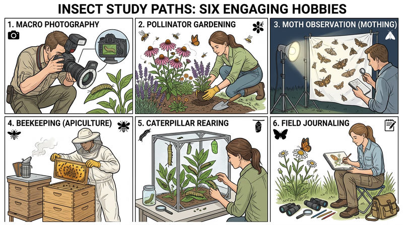 Illustrated grid showing several realistic hobby paths side by side: macro photography, pollinator gardening, moth sheet at night, beekeeping, caterpillar rearing, and field journaling
